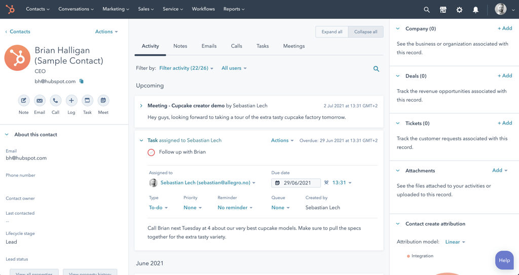 CRM og kundekort i HubSpot